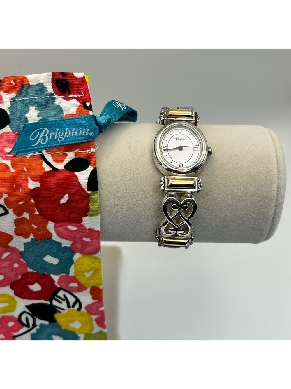 Brighton Champagne Watch Two-tone Silver Plated Leather Band 7.5" & Cloth Bag